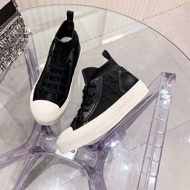 xiangtuibao Autumn Winter New Designer Flat Bottom Women Shoes Letter Pattern Sneakers Shoes Knitted Stretch Correct Vulcanized Shoes