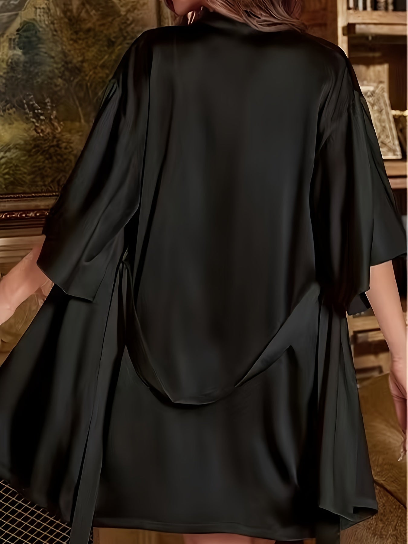 Three-Piece Luxurious Sleepwear Set - Soft Solid Satin Fabric, Stylish Three Quarter Sleeve, Elegant Belted Sleep Robe, Classic Round Neck Slip Dress - Designed for Womens Comfort and Style