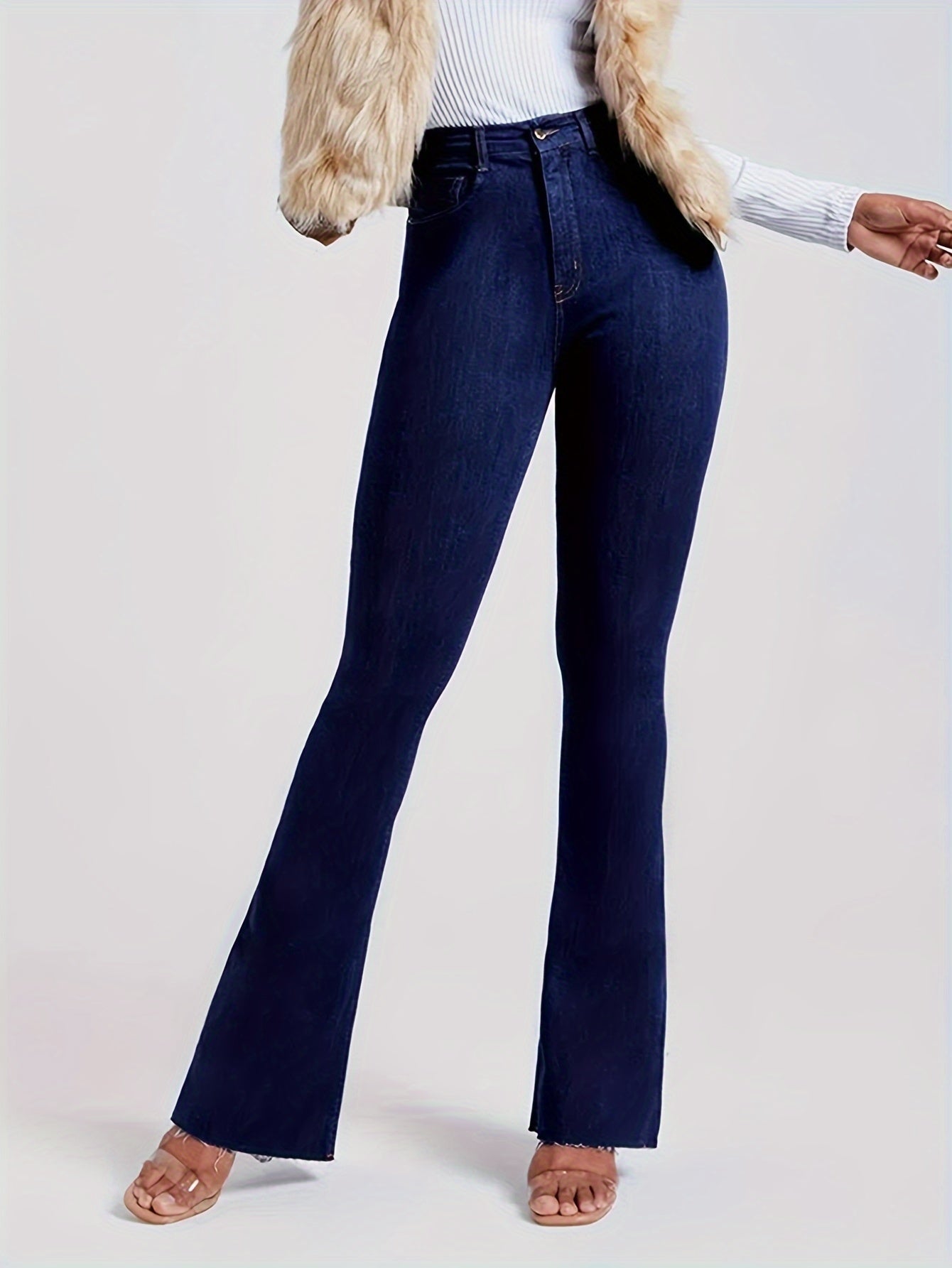 High Waist Solid Color Vintage Flare Leg Jeans - Stretchy Zip Up Bootcut Pants with Long Length and Medium Stretch Fabric - Perfect for Mature Women with Slim Fit