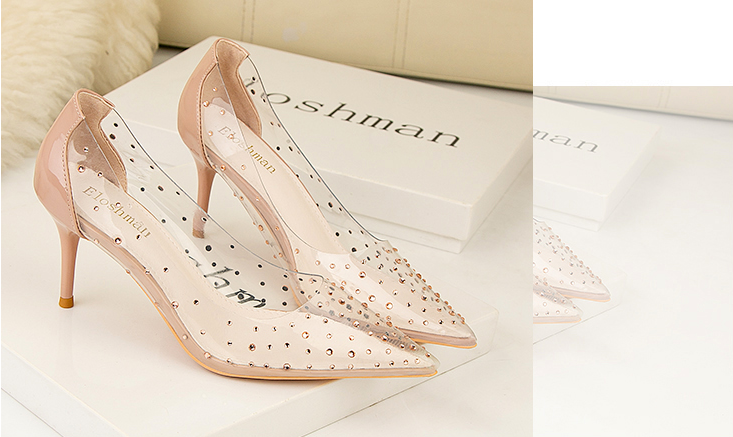 xiangtuibao Transparent high heel women's stiletto pointed wedding shoes rhinestone glass glue, star shoes
