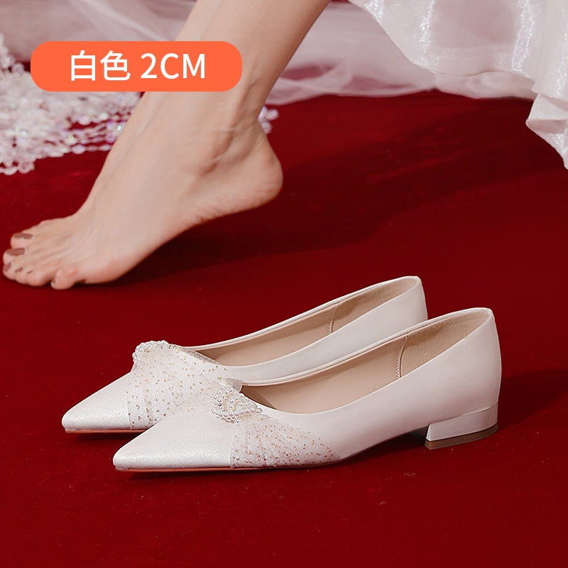 xiangtuibao Minority French Wedding Shoes Flat Bottomed New Bride Shoes White Satin Wedding Dress Shoes Women's Flat Heel Shoe