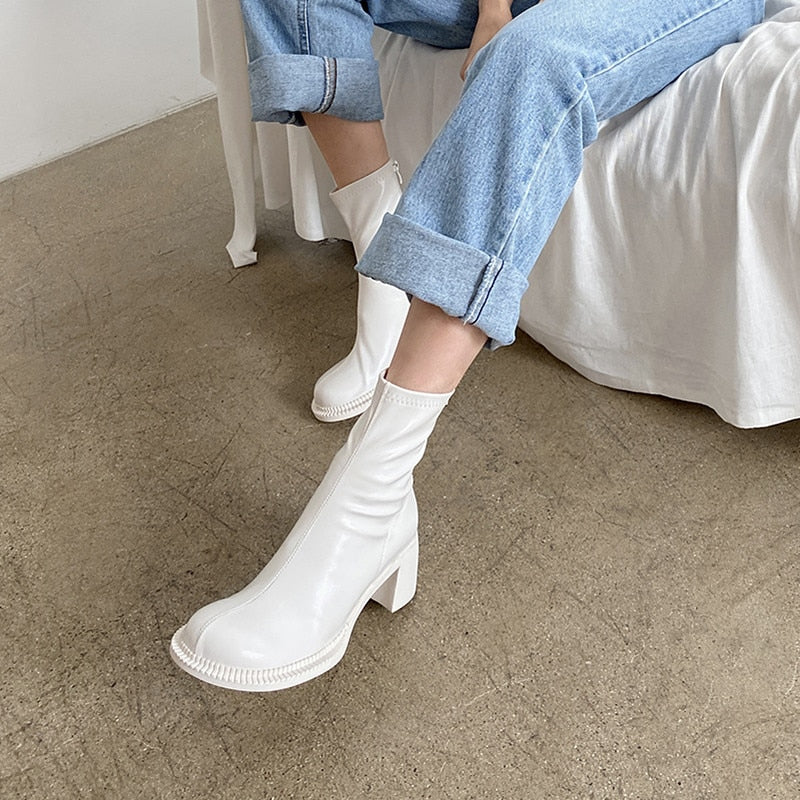 xiangtuibao Sexy Black Women Ankle Boots Chunky High Heel Elastic Sock Boot Ladies Shoes Round Toe Slim Fit Short Booties Autumn Botas Mujer