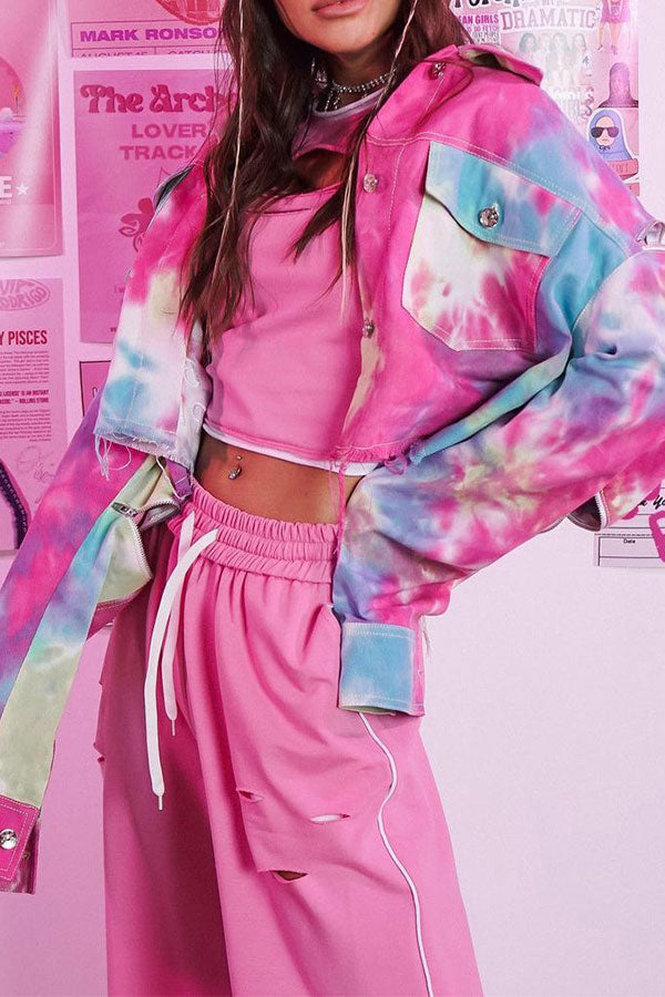 xiangtuibao Tie Dye Colorful Pocket Zipped Design Denim Coat