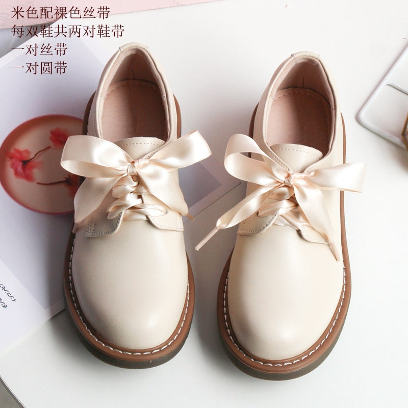 Genuine Leather Japanese Little Pink Shoes Girl Student Cute Soft Sweet Girl Flats Shoes For Women Bow Laces Female Low Heel Cos