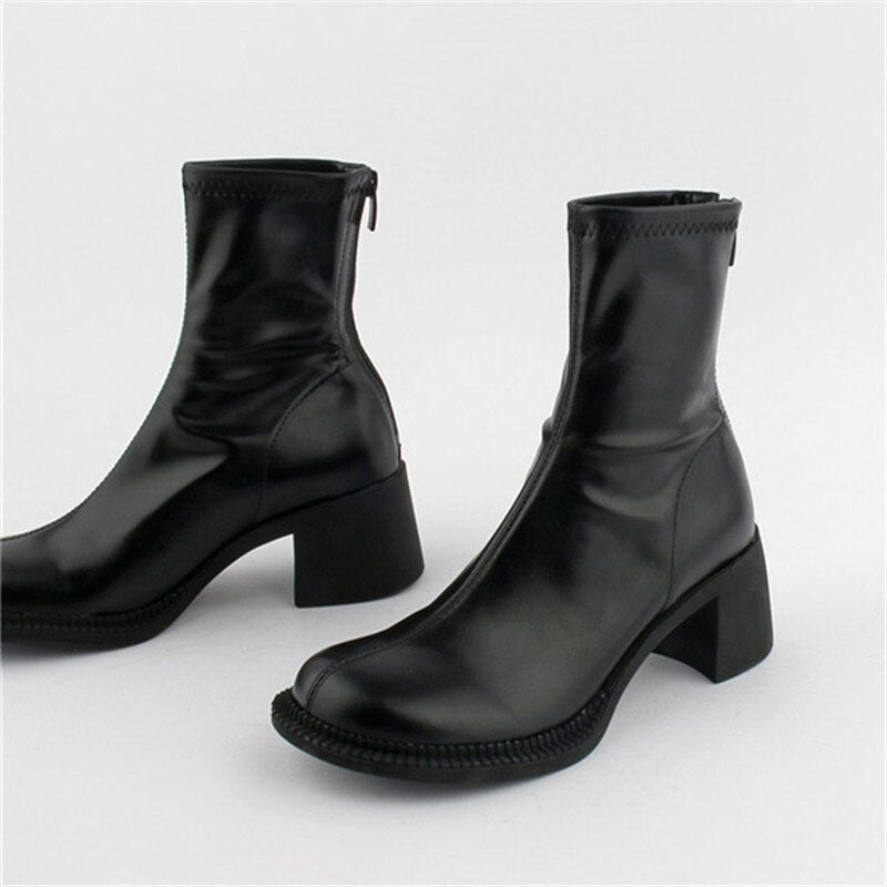 xiangtuibao Sexy Black Women Ankle Boots Chunky High Heel Elastic Sock Boot Ladies Shoes Round Toe Slim Fit Short Booties Autumn Botas Mujer