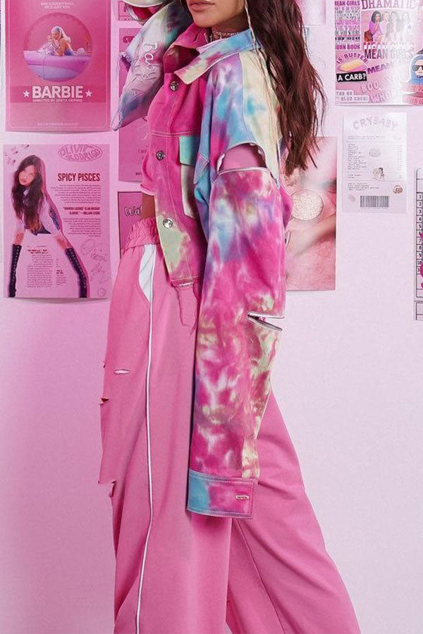 xiangtuibao Tie Dye Colorful Pocket Zipped Design Denim Coat