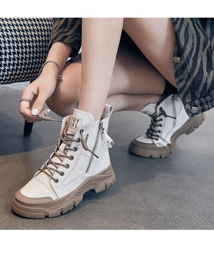 Genuine Leather Boots for Women Heels Ankle Boots Female Chunky Shoes Woman Flats Platform Heels Women's Shoes Rubber Sole