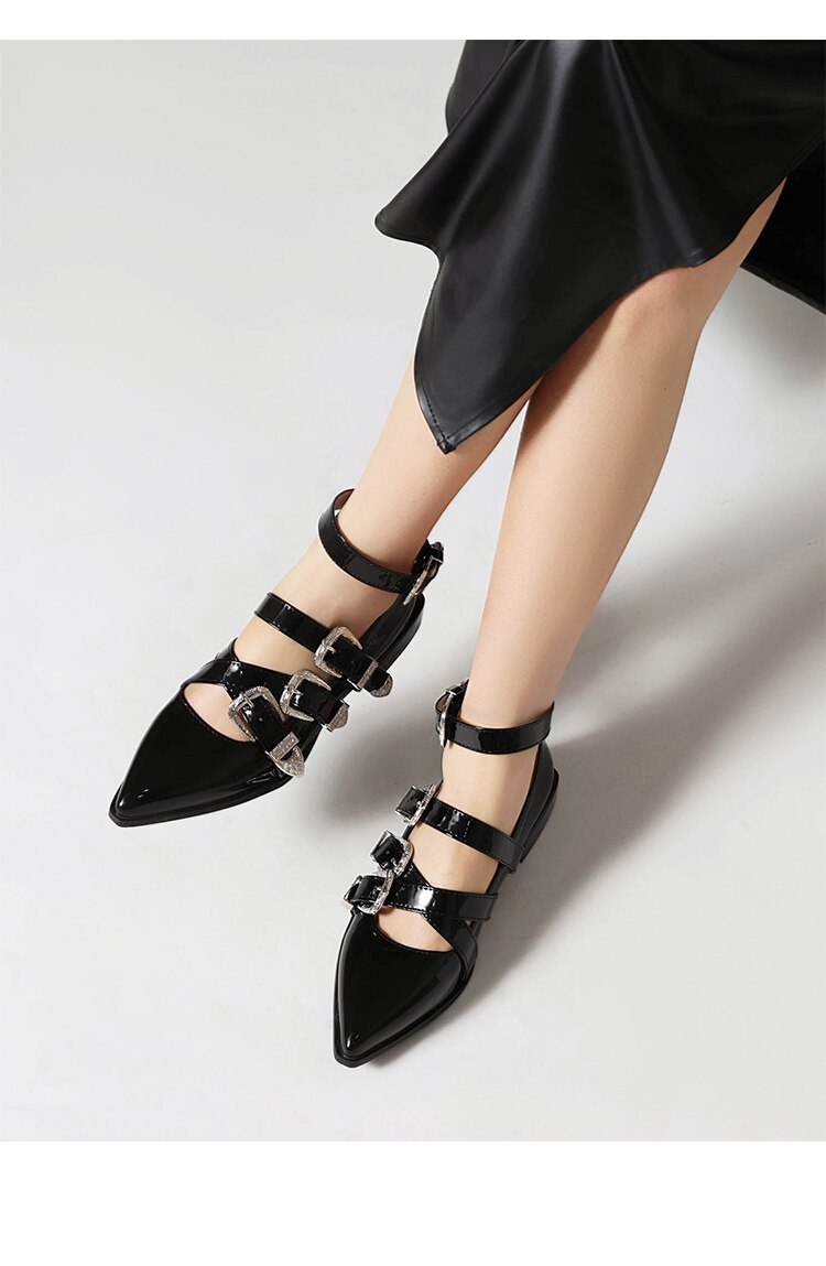 xiangtuibao Plus Size Pointy Shiny Patent Leather Wine Red Low-Heeled Women's Pumps Four-Row Metal Belt Buckle Mary Jane Shoes