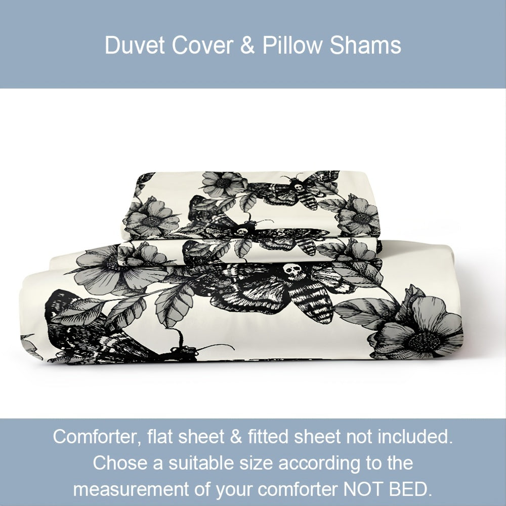 3pcs/set Deaths Head Moth & Flower Luxury Duvet Cover Set - Soft Hypoallergenic Bedding for a Dreamy Sleep - 1 Duvet + 2 Pillowcases, Breathable & Stylish Design, Easy Care, Machine Washable