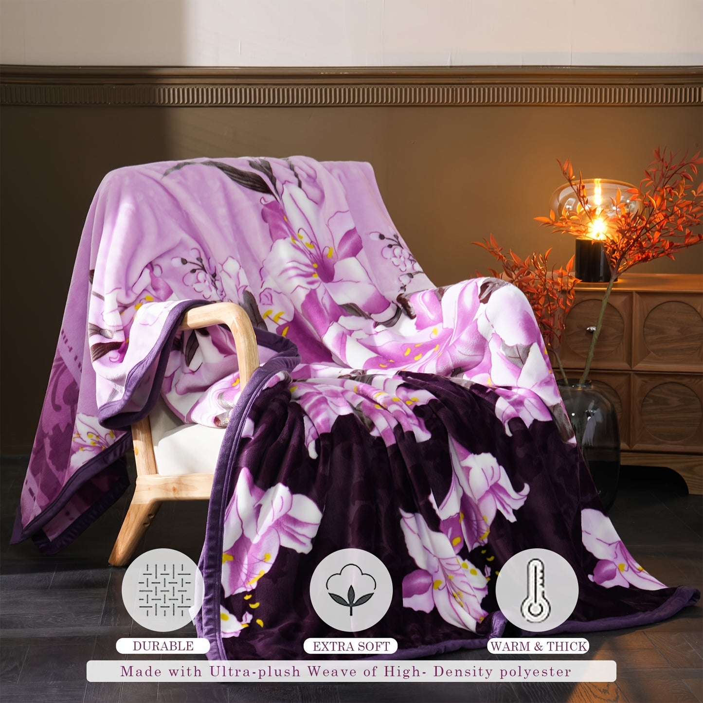 1pc ALK-02 400g Lily Flower Pattern Flannel Printed Blanket, Thickened Warm Winter For Couch Office Bedroom Airplane, Pets Available, Multifunctional Throw Blanket, All Seasons Universal, Student Dormitory Available