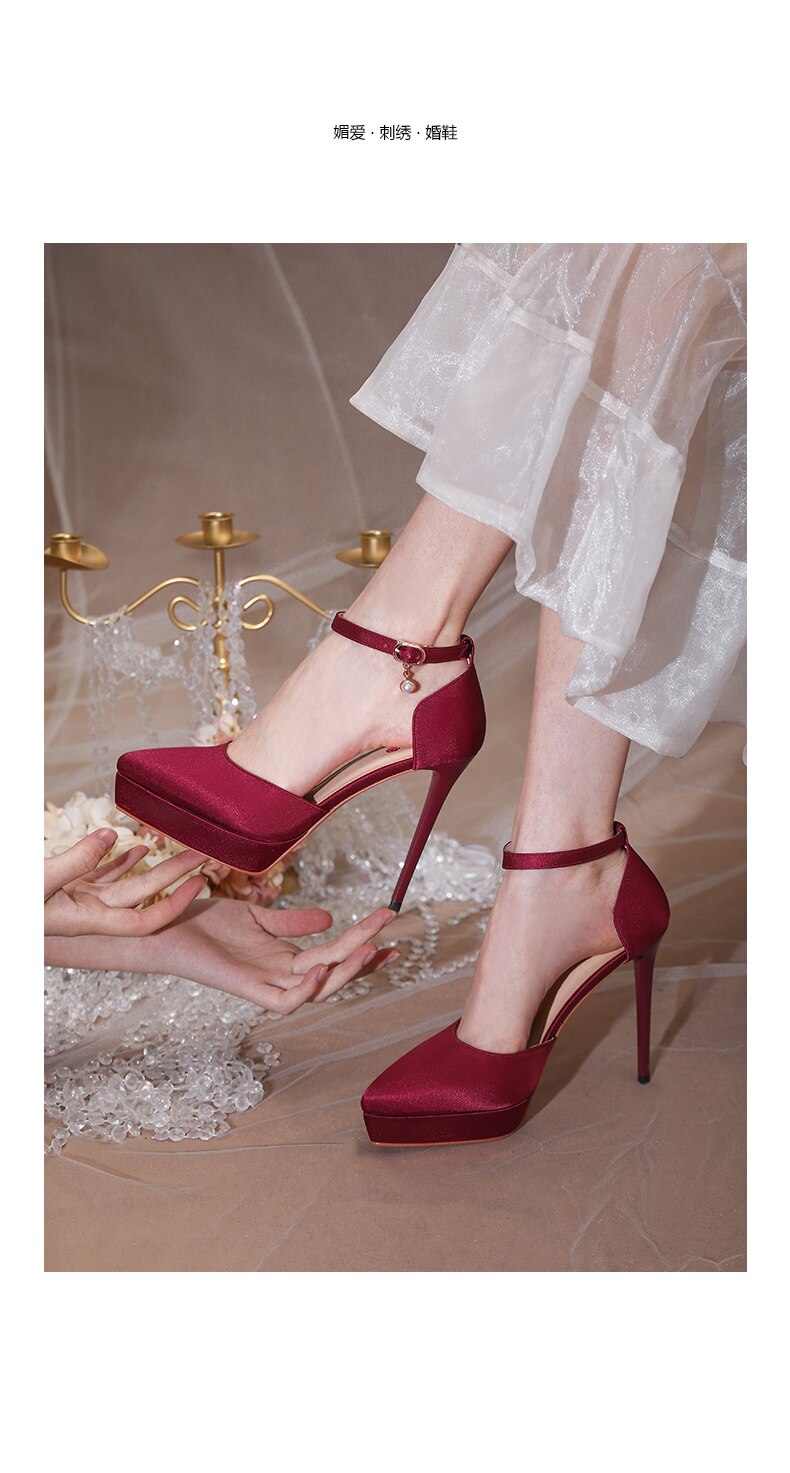 xiangtuibao Women's New Champagne High Heels 12cm Thin Heel Bride's Shoes Waterproof Platform Single Shoes
