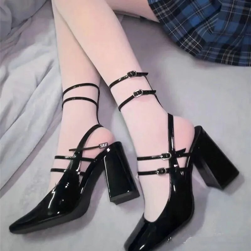 xiangtuibao New Summer Mary Jane Temperament Buckle High Heel Women Sandals Fashion Square Head Chunky Heel Pumps