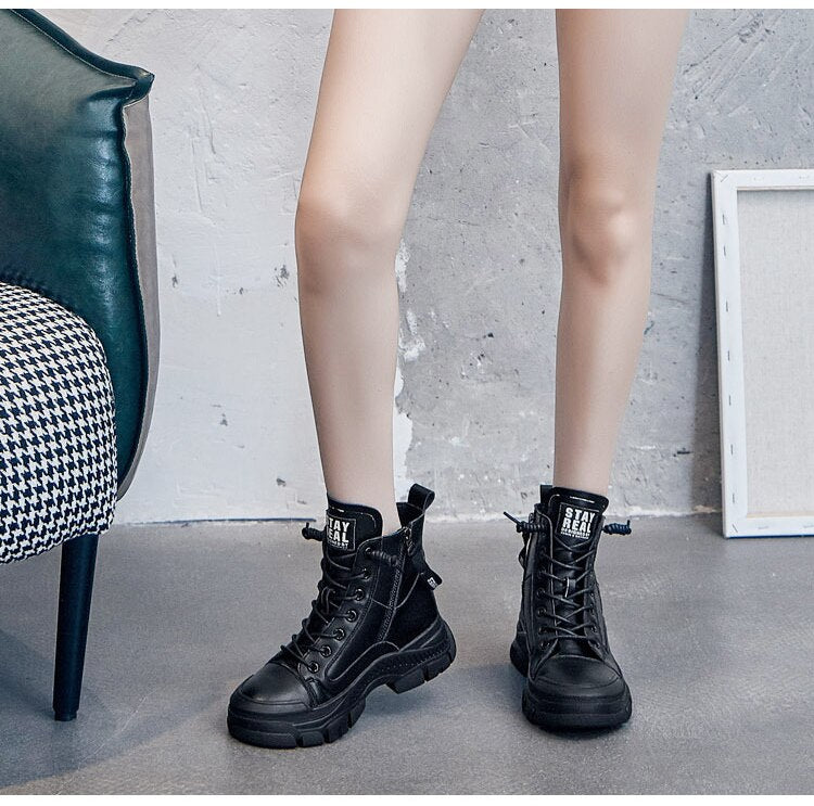 Genuine Leather Boots for Women Heels Ankle Boots Female Chunky Shoes Woman Flats Platform Heels Women's Shoes Rubber Sole