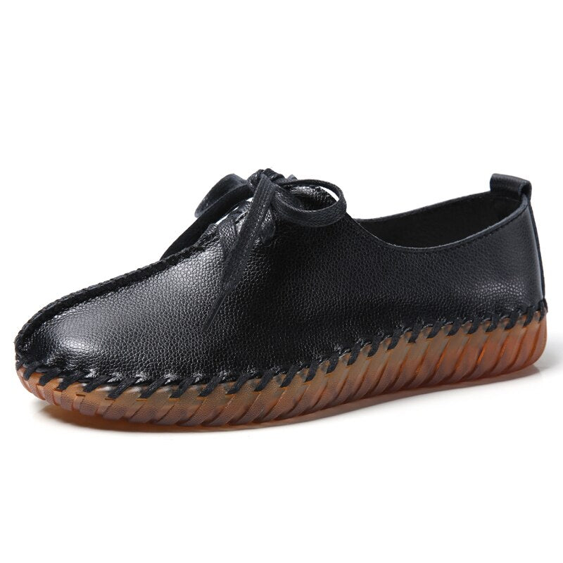 xiangtuibao Soft Sole Hollow Single Shoes Women Vintage Genuine Leather Flat Casual Shoes Woman Outdoor Lace Up Non Slip Loafers creepers