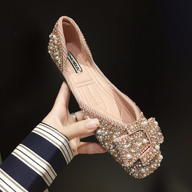 Single Shoes Women's New Style Spring Spring Pearl Sequin Flat Top Shoes Versatile Low-Cut Gentle Fairy Shoes Scoop Shoe
