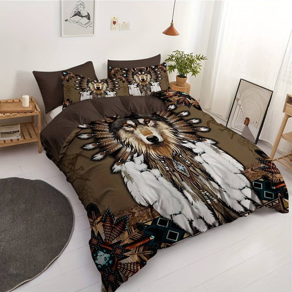 2/3pcs Dreamcatcher Bedding Set - Soft, Comfortable, Ethnic-Inspired Duvet Cover Set with Wolf Pattern for Country-Style Bedroom Decoration - 1 Duvet Cover + 1/2 Pillowcase, Coreless, Easy Care, Hypoallergenic, and Breathable