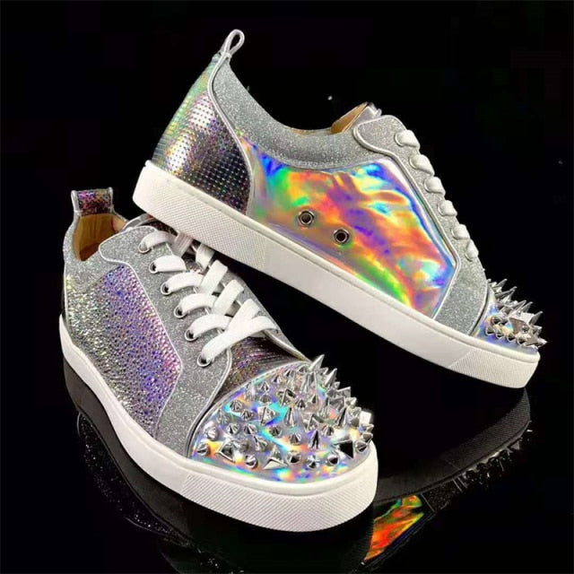 xiangtuibao Genuine Leather Flat Women Sneakers Rivet Colorful Fashion Flat Casual Shoes Men Sneakers Lace-up Spikes Real Leather Classics