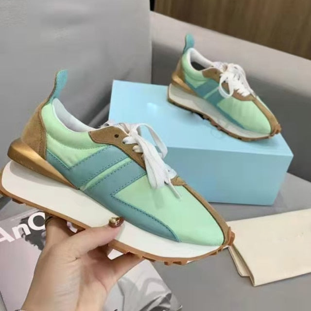 Spring Thick Sole Casual Daddy Shoes Women Flat Mixed Color Lace Up Patchwork Sneakers Outdoor Walk Tennis Shoes Unisex