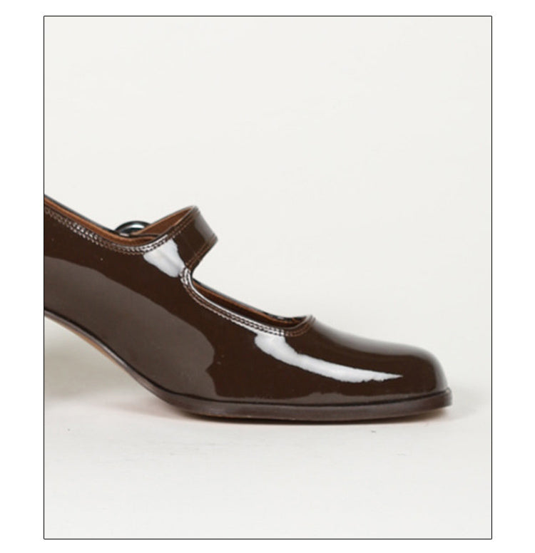 xiangtuibao Woman‘s New Mary Janes Shoes Genuine Leather Shallow Square heel Pumps Buckle Strap Round Toe Lady Footwear