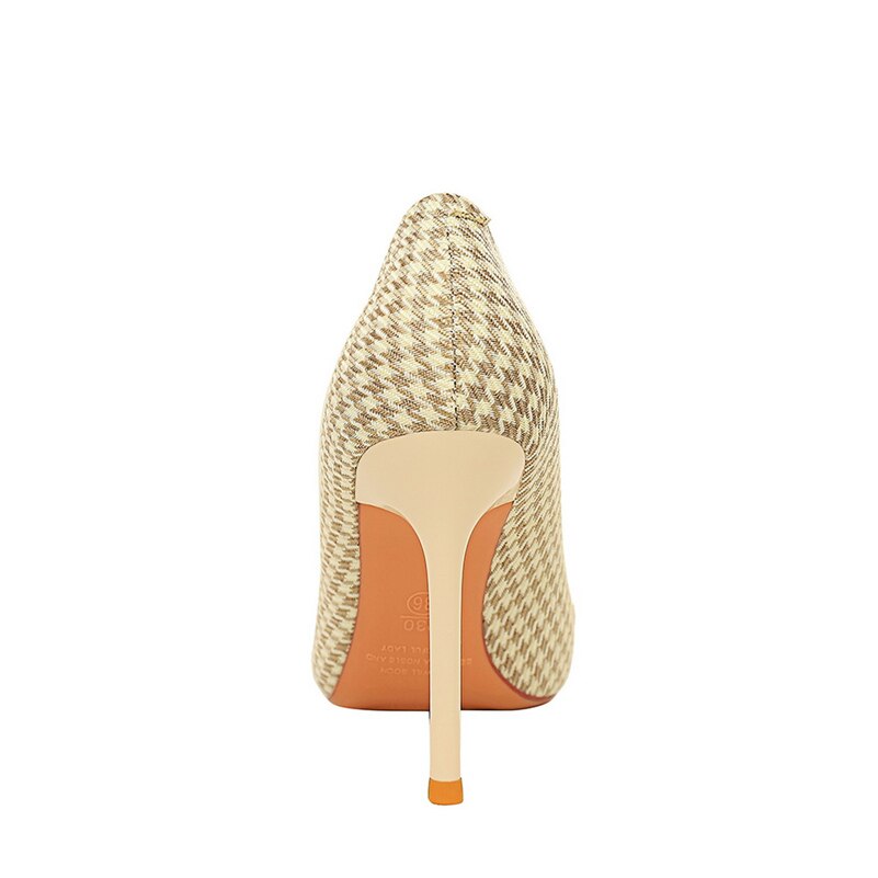 xiangtuibao Women 7.5cm 9.5cm High Heels Plaid Pumps Pointed Toe Wedding Bridal Middle Low Heels Lady Pearl Scarpins Event Stripper Shoes