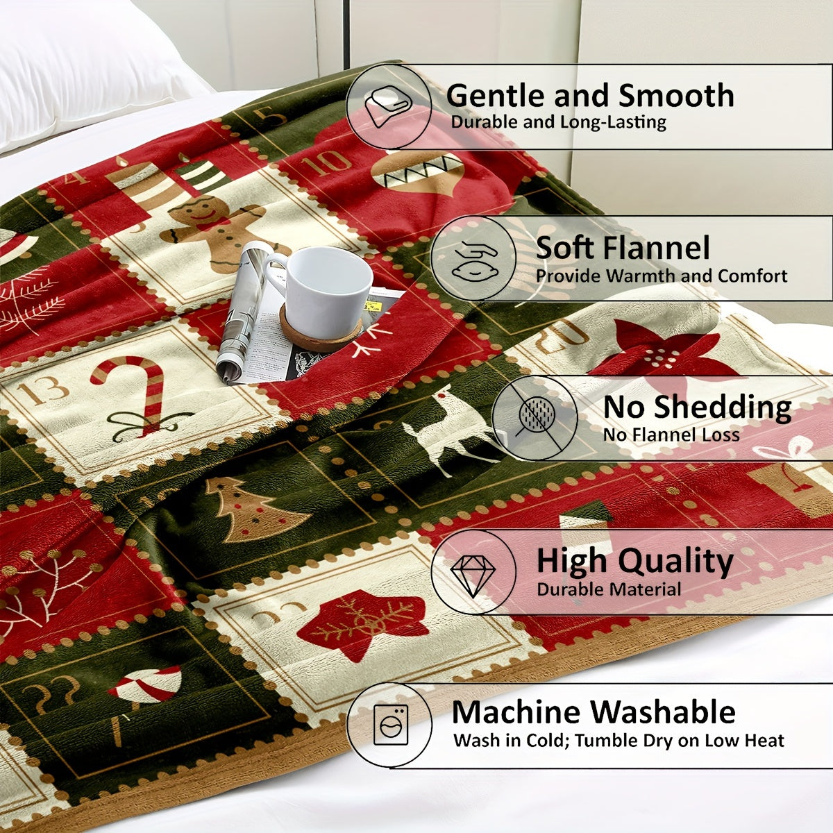 1pc Vintage Christmas Print Blanket, Flannel Blanket, Soft Warm Throw Blanket Nap Blanket For Couch Sofa Office Bed Camping Travel, Multi-purpose Gift Blanket For All Season