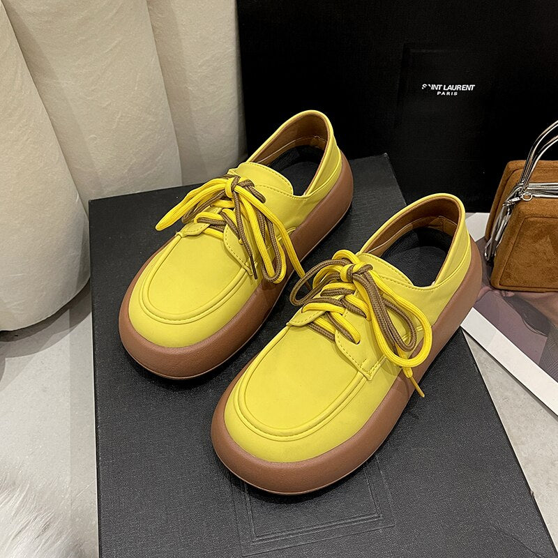 Green Yellow Oxford Shoes Women Flats Summer Design Casual Platform Loafers Derby Shoes Women Lace Up Leather Oxfords