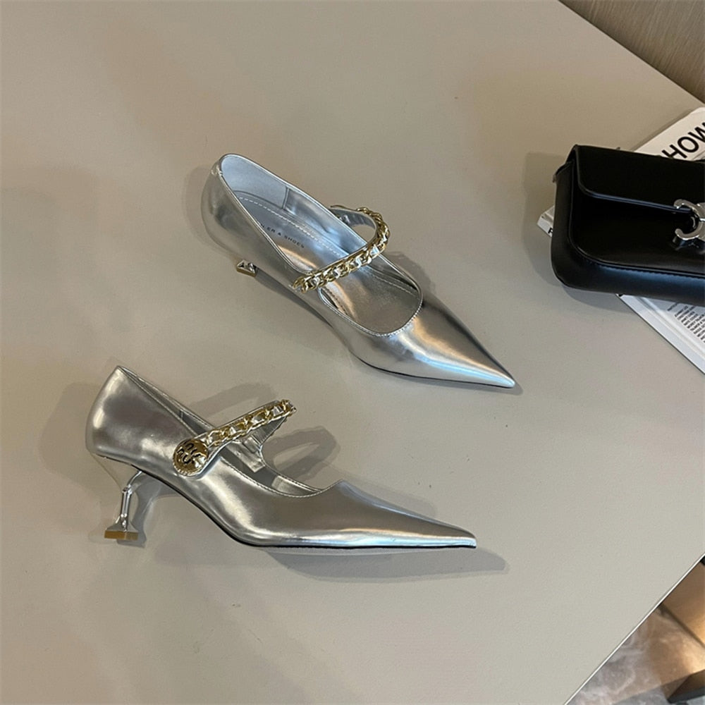 xiangtuibao Patent Leather Women Pumps Pointed Toe Shallow Slip On Black WHite Beige Silver Rhinestone Chain Thin High Heels Dress Shoes 39
