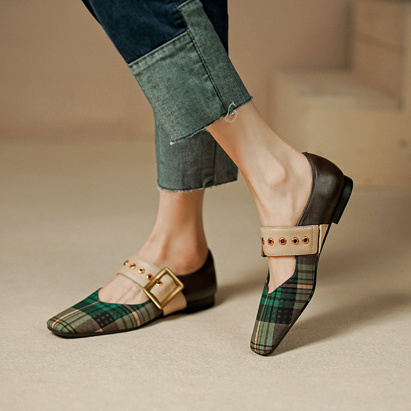 xiangtuibao Square Toe Women Flats With Buckle Women Mules Slip On Moccasins Ladies Gingham Flat Shoes Patchwork Loafers Chaussures Femme