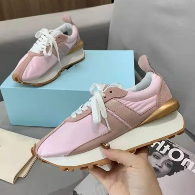 Spring Thick Sole Casual Daddy Shoes Women Flat Mixed Color Lace Up Patchwork Sneakers Outdoor Walk Tennis Shoes Unisex