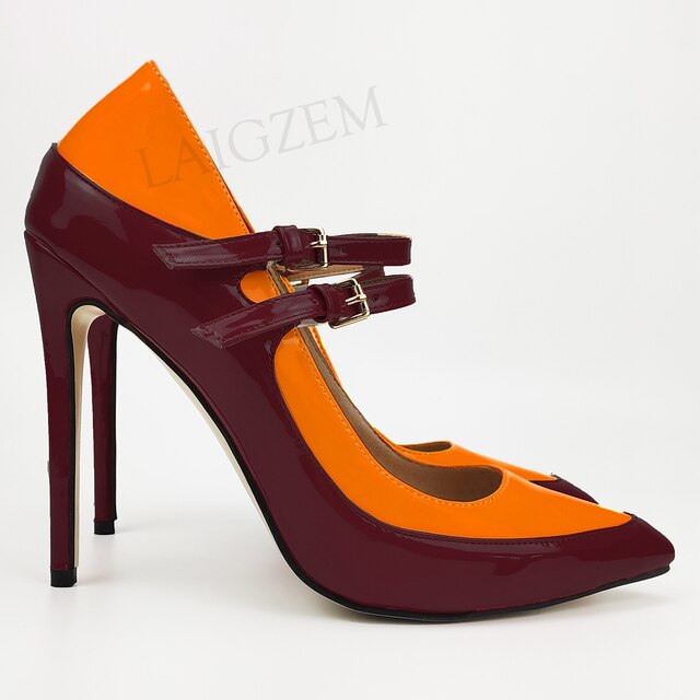 Pinpaixiong Color Contrast Women Heels Buckle Straps Desgin 12CM High Heels Shoes Women Scarpe Donna Tacones Size 34 43 44 47