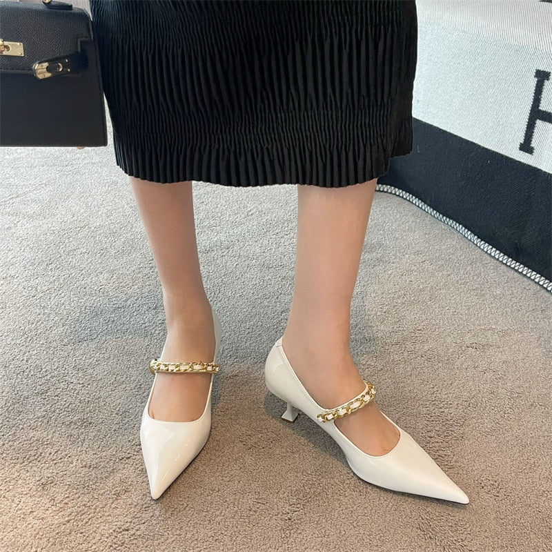 xiangtuibao Patent Leather Women Pumps Pointed Toe Shallow Slip On Black WHite Beige Silver Rhinestone Chain Thin High Heels Dress Shoes 39