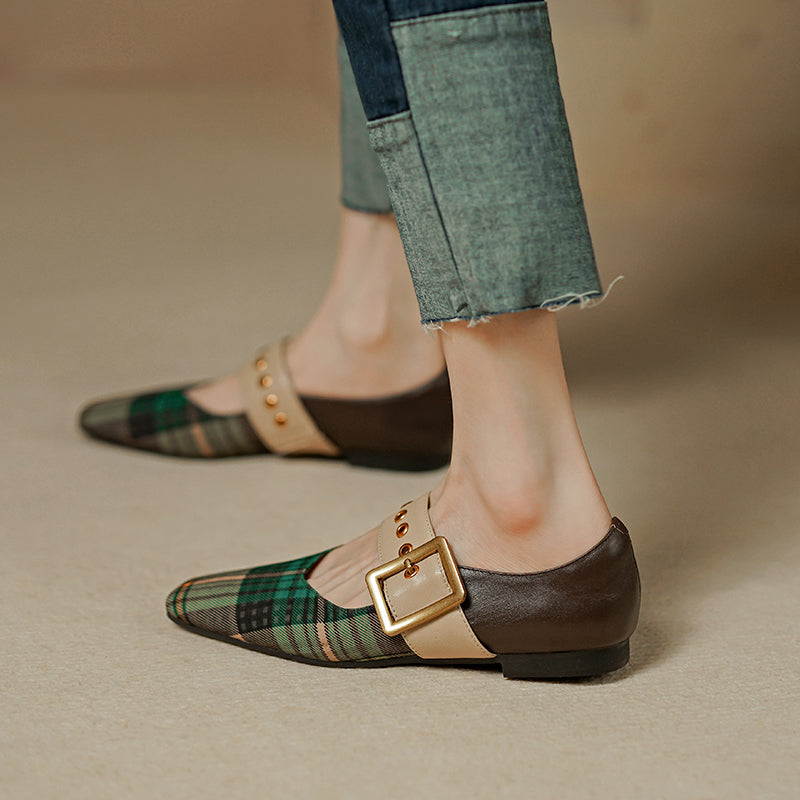 xiangtuibao Square Toe Women Flats With Buckle Women Mules Slip On Moccasins Ladies Gingham Flat Shoes Patchwork Loafers Chaussures Femme