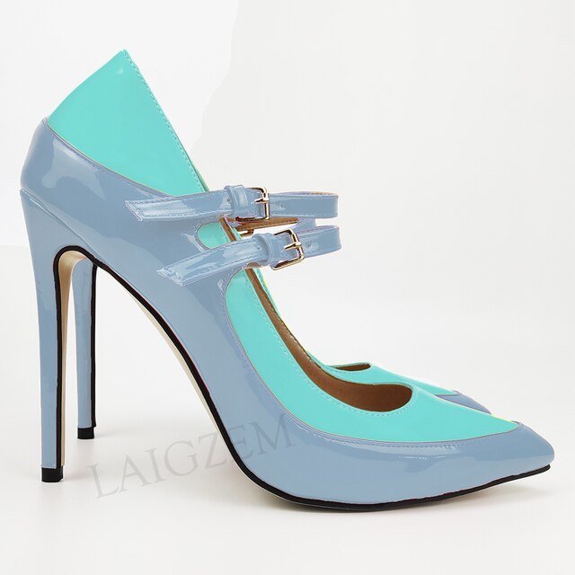 Pinpaixiong Color Contrast Women Heels Buckle Straps Desgin 12CM High Heels Shoes Women Scarpe Donna Tacones Size 34 43 44 47