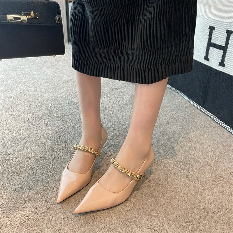 xiangtuibao Patent Leather Women Pumps Pointed Toe Shallow Slip On Black WHite Beige Silver Rhinestone Chain Thin High Heels Dress Shoes 39