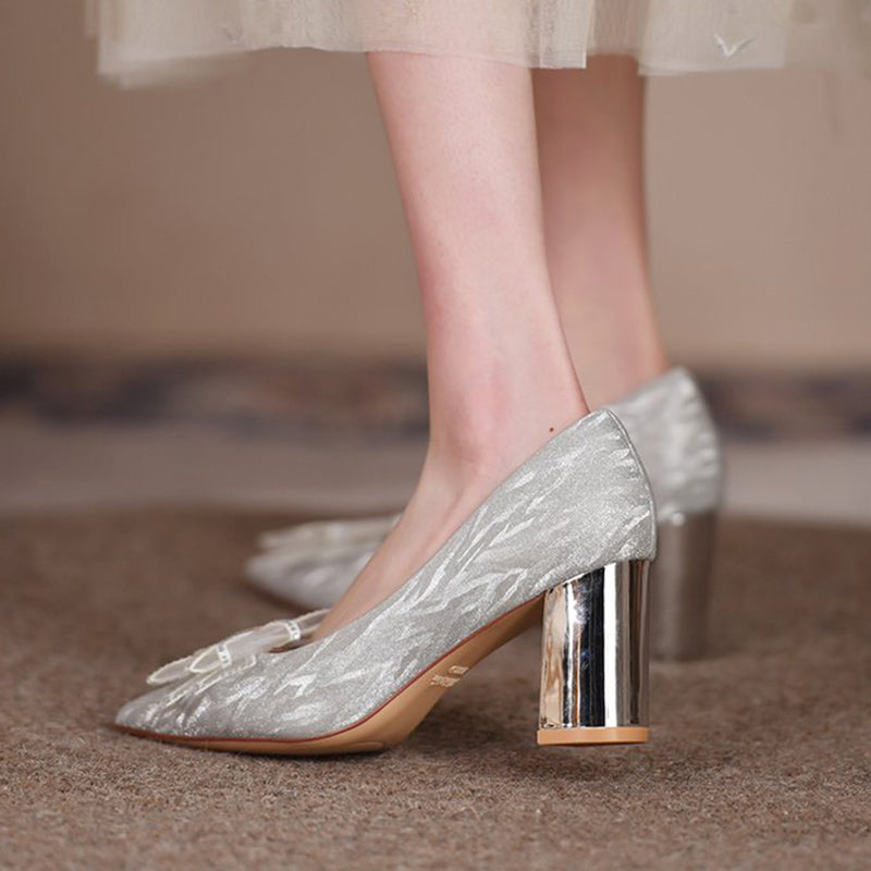 Rimocy Silk Bowknot Square Heels Pumps Women New Crystal Slip-on High Heels Shoes Ladies Sexy Point Toe Shining Party Shoes
