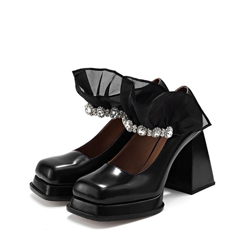 xiangtuibao Fashion Mary Janes Shoes,Women Platforms High Heels,Square Toe,Lace&Rhinestone,Female Footware