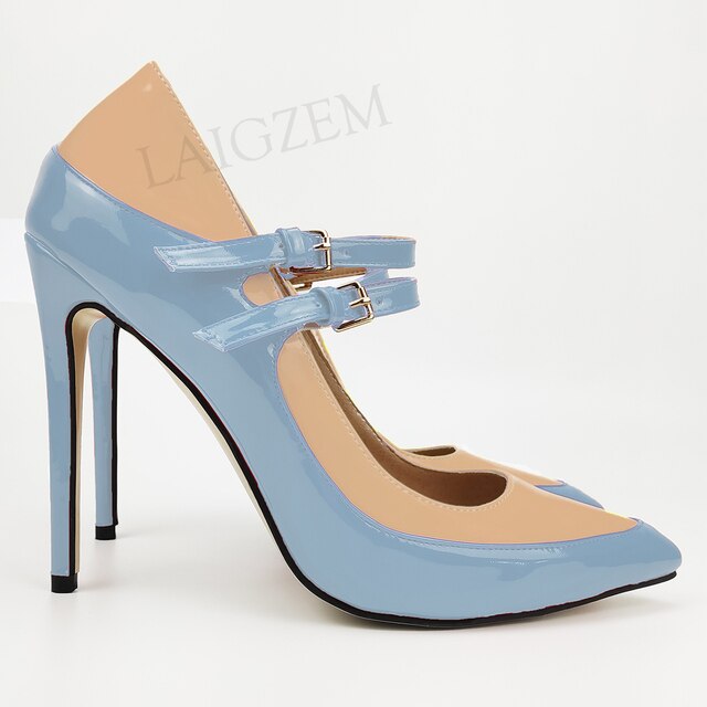 Pinpaixiong Color Contrast Women Heels Buckle Straps Desgin 12CM High Heels Shoes Women Scarpe Donna Tacones Size 34 43 44 47