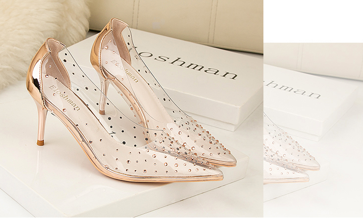 xiangtuibao Transparent high heel women's stiletto pointed wedding shoes rhinestone glass glue, star shoes