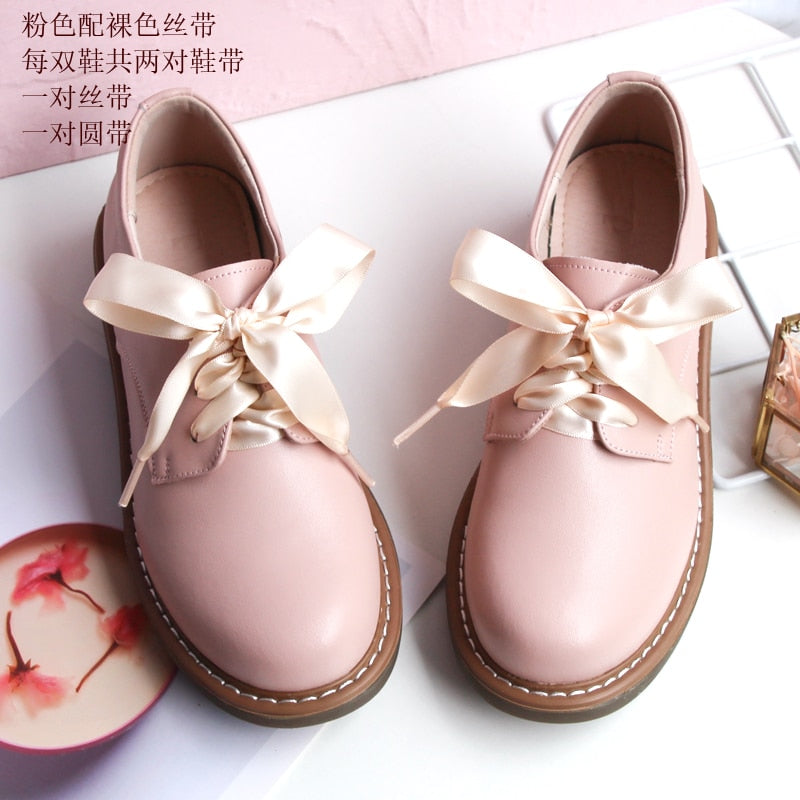 Genuine Leather Japanese Little Pink Shoes Girl Student Cute Soft Sweet Girl Flats Shoes For Women Bow Laces Female Low Heel Cos