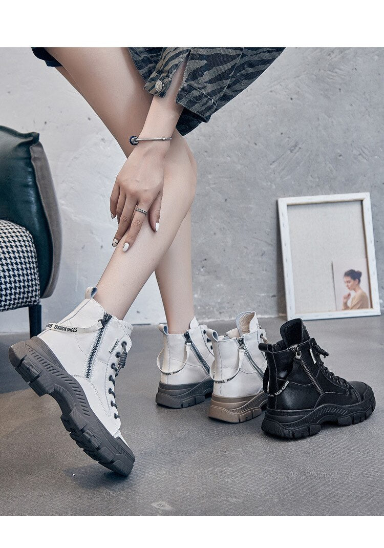 Genuine Leather Boots for Women Heels Ankle Boots Female Chunky Shoes Woman Flats Platform Heels Women's Shoes Rubber Sole