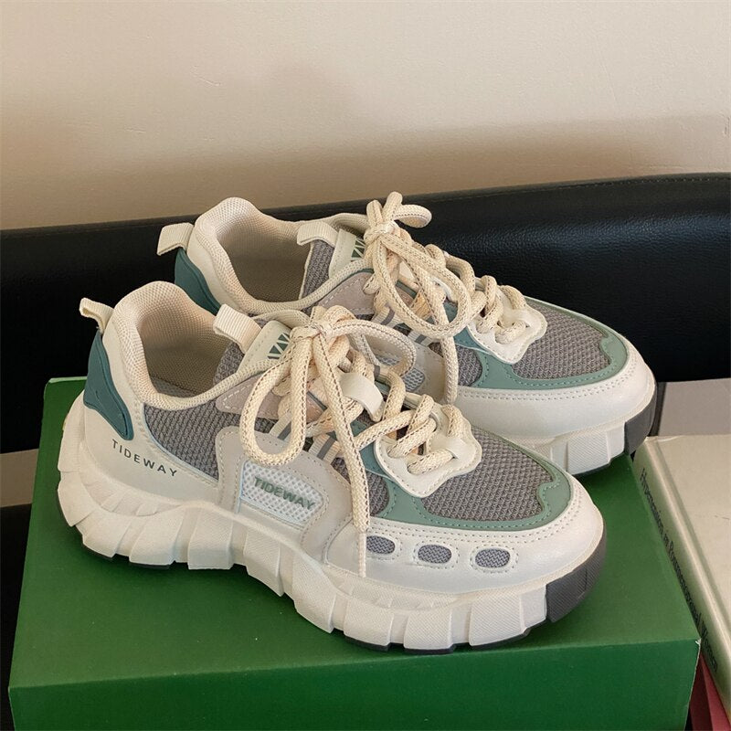 xiangtuibao Women Sneakers Running Shoes Spring Autumn INS Breathable Mesh Trainers Shoes Casual Female Lace Up Thick Sole Sneakers Ladies
