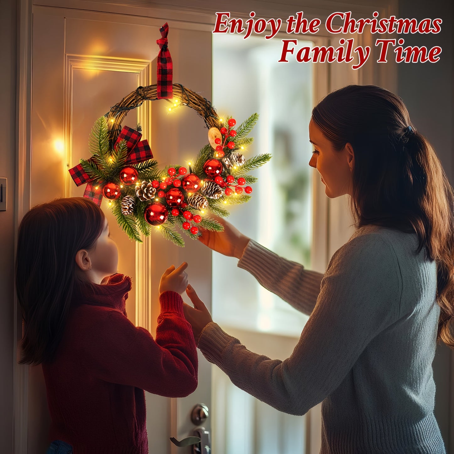 Christmas Wreaths For Door Wreath 12inch 30 LED Christmas Swag Christmas Decoration Christmas Wreath With Christmas Red Berries, Pine Cones, Cedar Leaves For Home Indoor Outdoor Decoration Gift Great Atmosphere New