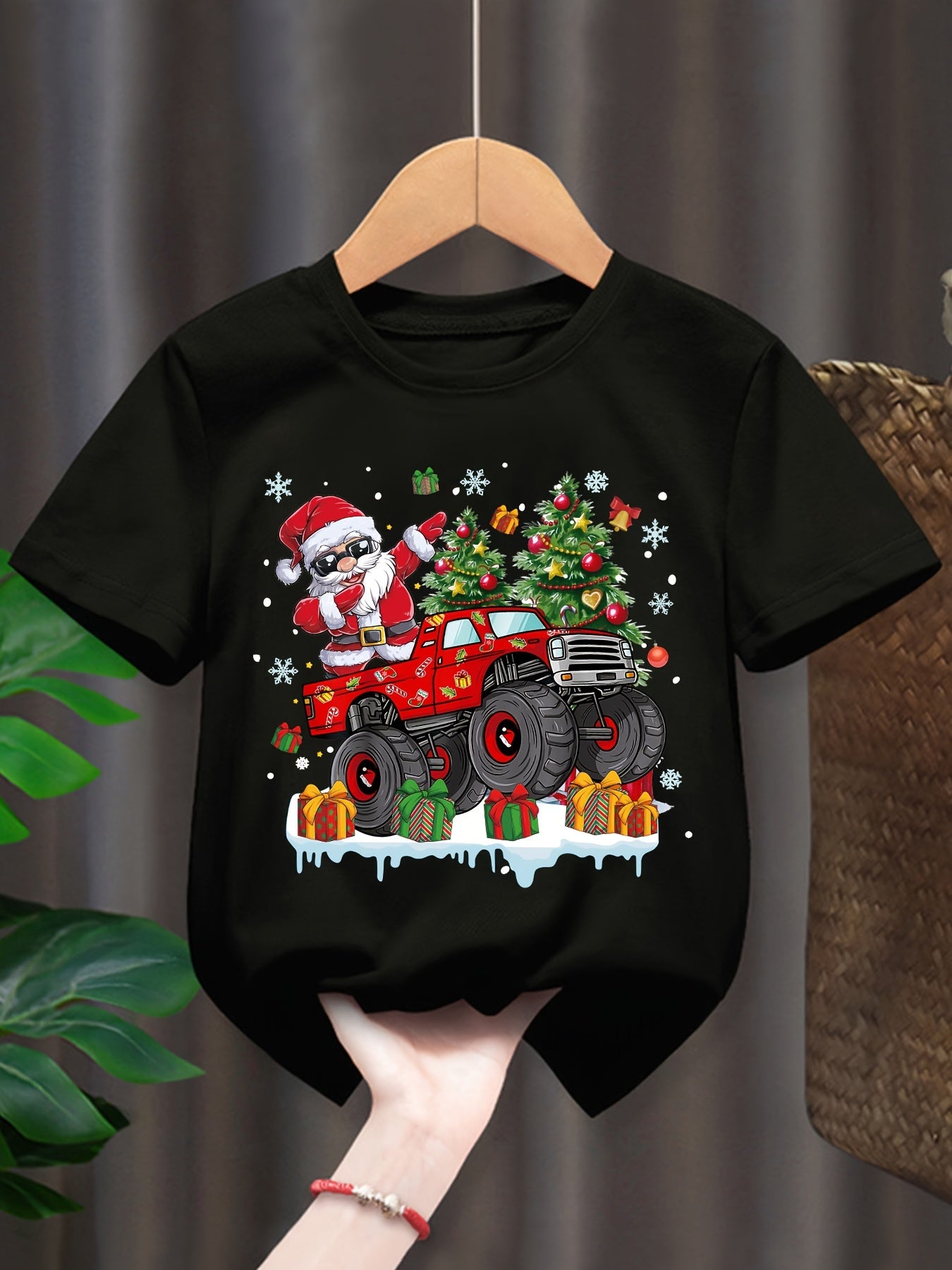 MILKYSHIP Kids Christmas Monster Truck Santa Print T-Shirt - Casual Crew Neck Polyester Tee with Applique, Slight Stretch, Summer Season Top for Boys, Regular Fit, Knit Fabric - Ages 12 & Under