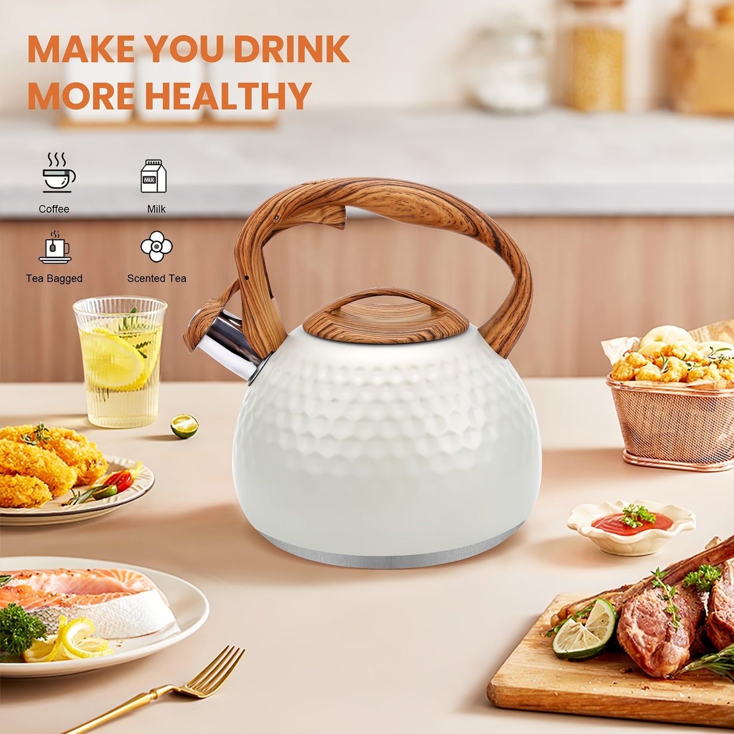 1pc, 3L Stainless Steel Whistling Tea Kettle Pot - Durable, Easy to Clean, Compatible with All Stovetops, Whistling Alert, Wooden Pattern Handle, Lightweight, Perfect for Outdoor Adventures and Home Use, Tea Brewing Made Easy