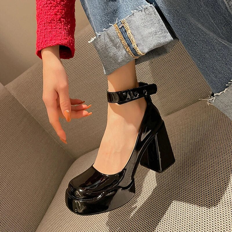 xiangtuibao Patent Leather High Heels Pumps Women Autumn Thick Heel Chunky Platform Mary Jane Shoes Woman Black Ankle Straps Pump Shoes