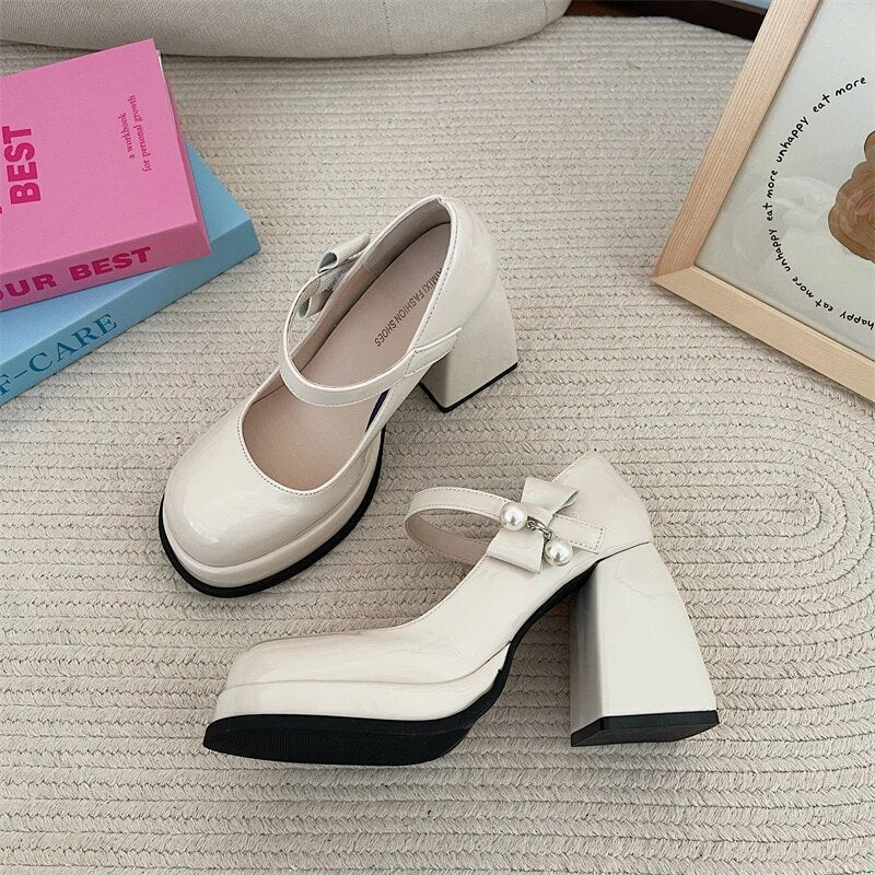 xiangtuibao Platform High Heels Pumps Women Patent Leather Black White Mary Jane Lolita Shoes Woman Pearl Bowtie Buckle Party Shoes