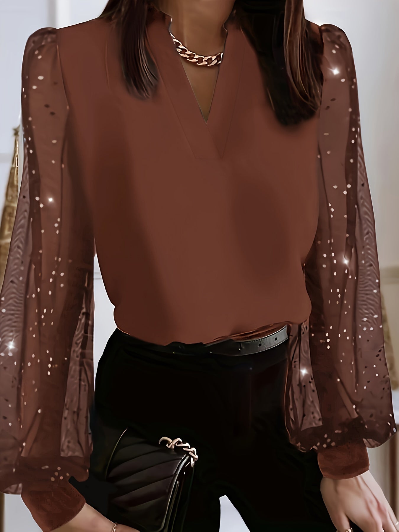 Chic Plus Size V-Neck Blouse - Sheer Mesh Accents - Long-Sleeve Design for Spring Elegance - Women's Curvy Fashion