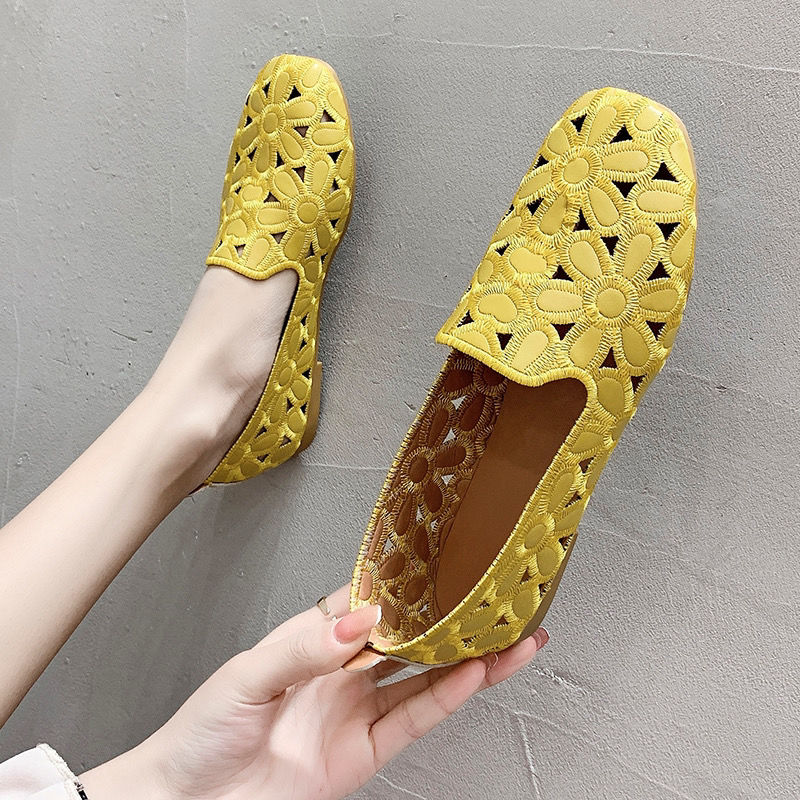 xiangtuibao Square Toe Loafers Women Soft Leather Flats Ladies Hollow Out Flat Shoes Woman Flats Embroidery Loafers