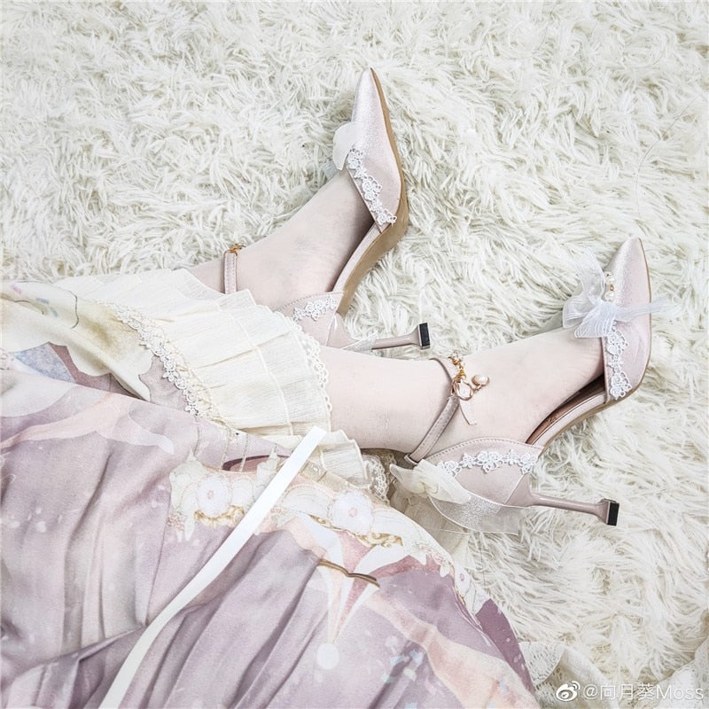 xiangtuibao Princess Female Kawaii Tea Party Japanese Cute Anime Lolita Shoes Women Harujuku Cosplay Bow Pointed Toe Feminine High Heel 8cm