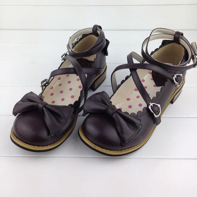 xiangtuibao Lolita Shoes Women Flats Low Round with Cross Straps Bow Cute Girls Princess Tea Party Shoes Students Lovely Shoes